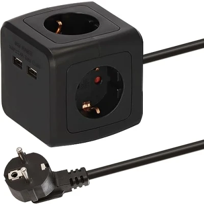 Abbildung von BAT Steckdosenwürfel 4 Fach mit 2X USB (Mehrfachsteckdose erhöhtem Berührungsschutz und 1,4m Kabel) schwarz