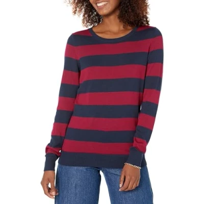 Abbildung von Amazon Essentials Damen Leichter, Langärmeliger Pullover Mit Rundhalsausschnitt (Erhältlich in Übergröße), Burgunderrot Marineblau Rugby Streifen, XXL