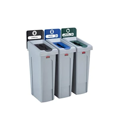 Abbildung von Rubbermaid Commercial Products Slim Jim Recycling Station Bundle 3 Strahlarten Deponie (Schwarz)/Papier (Blau)/Gemischtes (Grün)