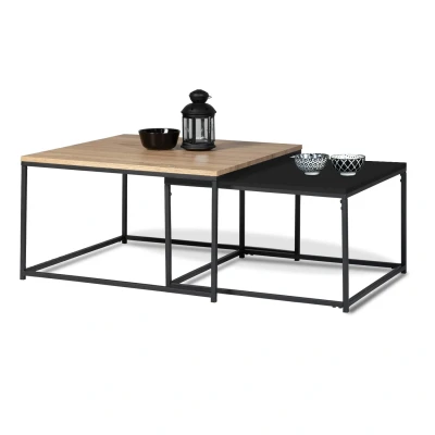 Abbildung von IDMarket 2 Couchtische Denton 60/70 Metall Schwarz und Holz Industriedesign