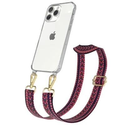 Abbildung von EAZY CASE Handykette mit verstellbarem Trageriemen für iPhone 15 Pro Max Taschengurt zum Wechseln transparenter Handyhülle Hülle dünner Schulterriemen in Pink Blau Gold