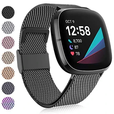 Abbildung von Faliogo Kompatibel mit Fitbit Versa 3 Armband/Fitbit 4 Sense Armband, verstellbares Edelstahl Metall Ersatzarmband Magnetverschluss für 4/Versa 3/Sense, Schwarz