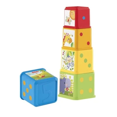 Abbildung von Fisher Price Stack &amp; Explore Blocks 5 Würfel mit Strukturen, Figuren, Zahlen und Gegenständen zum Stapeln, Ineinanderstecken Entdecken, für Kinder ab 6 Monaten, CDC52