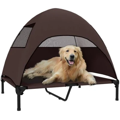 Abbildung von PawHut Hundeliege Outdoor mit Dach, Erhöhtes Hundebett für Große Hunde, Kühlendes Haustierliege Waschbares Mesh Metallrahmen Tragtasche, Haustierbett Draußen Camping 91x76x90cm, Kaffee