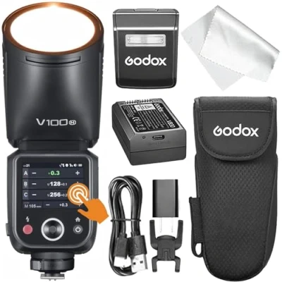 Abbildung von GODOX V100 N Kamera Blitz, V100N 100W Touchscreen Blitzgeräte, TTL HSS 1/8000s Speedlite, Kompatibel mit Nikon Z6III Z8 Z5 Z50II Z50 Zfc Z6II Z30 Z6 Z7II Z9 and D3500 D850 D7500 D5600 D750