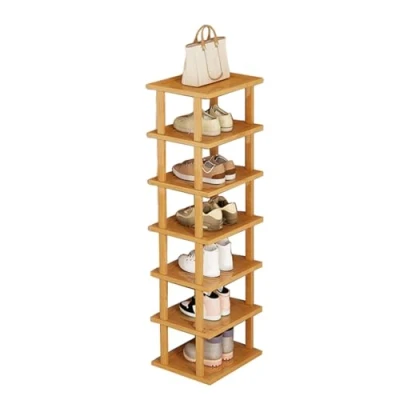 Abbildung von mufojyez Vertikales Schuhregal aus Holz mit 5/7/8 Ebenen, vertikal, schmal, hoch, für Haustüreingang, Schuhregal, freistehende Schuhaufbewahrung, hoher Organizer, vertikaler Eingang,