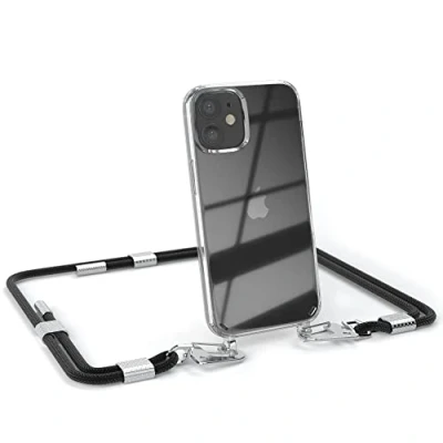 Abbildung von EAZY CASE kombinierbare Handyketten kompatibel mit iPhone 12 Mini, Transparente Silikon Hülle stylischen rundem Umhängeband, abnehmbar durch Karabiner, Umhängetasche, Schwarz Clips Silber