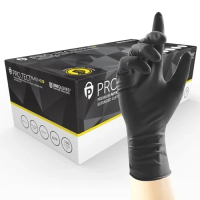 Abbildung von UNIGLOVES PRO.TECT Einweghandschuhe aus Nitril, HD+, mit verlängerter Manschette, ultra strapazierfähig, Einmalgebrauch, multifunktional, puderfrei, Box 100 Handschuhen, Größe S (GA0072), Schwarz