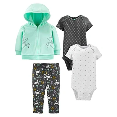 Abbildung von Simple Joys by Carter&#039;s Baby Mädchen 4 Piece Jacket, Pant, and Bodysuit Layette Set, Minzgrün Einhorn/Schwarz Punkte/Weiß Schneeflocke/Floral, 12 Monate