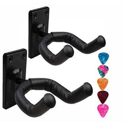 Abbildung von Wandhalterung für Gitarre,Gitarrenhakenhalter,Ukulelen und 5 Stück 0.41mm Gitarrenplektren,für Akustikgitarre,klassische Gitarre,Bass,E Gitarre,Ukulele,2 Stück,schwarz