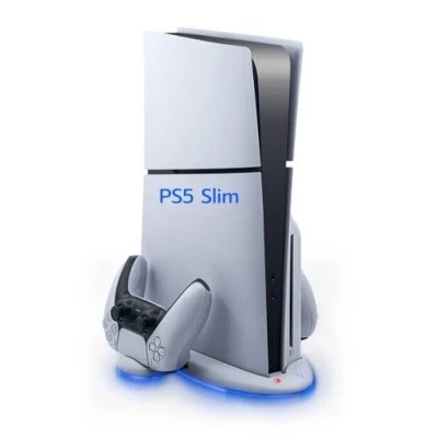 Abbildung von Wigearss Vertikaler PS5 Slim Lüfter Ständer Kühlstation mit 3 Stufen Einstellbare Ventilatorgeschwindigkeit, 9 RGB Licht, Dual Controller Ladegerät für