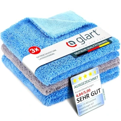 Abbildung von Glart Poliertuch Auto Trockentuch 3er Set Premium Mikrofasertücher für professionelle Lackpflege 40x40cm Mikrofasertuch zum kratzfreien Trocknen &amp; polieren Mikrofaser