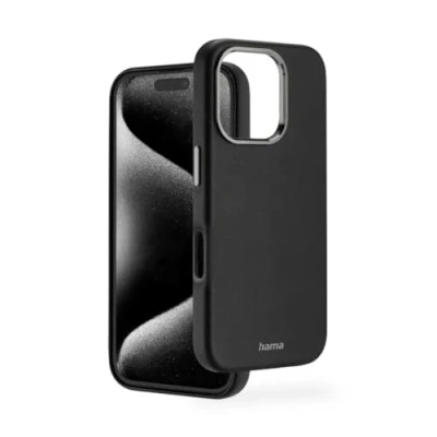 Abbildung von Hama Handyhülle für iPhone 16 Pro Max (Kunstleder, Metall, Schutzhülle Rückseite, extra Schutz Kamera und Display, Wireless Charging kompatibel, weich, recycelt) schwarz