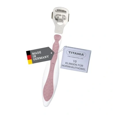 Abbildung von TITANIA Hornhauthobel mit 10 Ersatzklingen Hornhautentferner aus rostfreiem Edelstahl Qualitäts Hornhautschneider Made in Germany Hornhaut Hobel, Rose