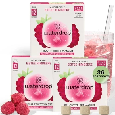Abbildung von waterdrop® Eistee Himbeere 36 zuckerfreie Drops mit erfrischendem Himbeer Geschmack vitaminreicher Durstlöscher Alternative zu Ice Tea, Himbeersirup, Getränkepulver &amp; Flavour