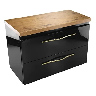 Abbildung von paplinskimoebel Waschtischschrank mit Arbeitsplatte für Waschbecken praktisch Zwei Schubladen Waschtisch Badschrank 80 cm modern goldene Griffe Hochglanz Schwarz