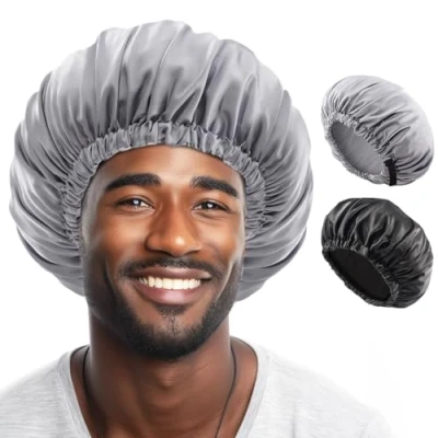 Abbildung von Lolalet 2 Stück Seidenhaube zum Schlafen Satin Bonnet, Seide Schlafmütze Schlafhaube für Männer Damen Haarhaube Schwarz &amp; Grau