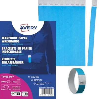 Abbildung von AVERY Zweckform TYVBL 50 Einlassbänder Tyvek 500 Stück (256x19mm, fortlaufend nummeriert, reiß und wasserfest, sicherer Klebeverschluss, Eintrittsbänder, Event Armbänder, Securebänder) neonblau