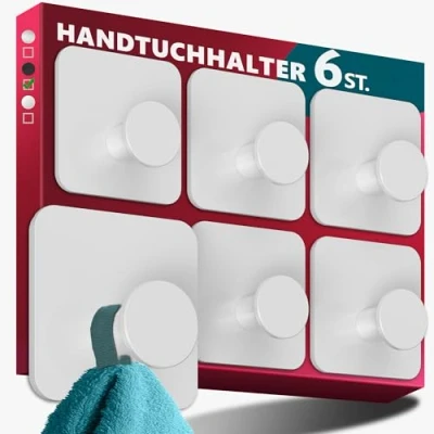 Abbildung von Menz Handtuchhalter ohne Bohren Edelstahl, 6er Set Wasserfeste Badezimmer in Weiß, moderne Klebehaken fürs Bad, Haken selbstklebend als funktionale Handtuchhaken