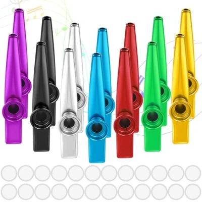 Abbildung von 14 Stück Kazoo Instrument in 7 Farben Kazoos Metall Aluminiumlegierung Kasu Musikinstrumente für Kinder Party Favors Geschenke Erwachsene Musikliebhaber mit 24 Membran