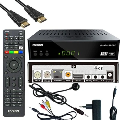 Abbildung von Kabelreceiver Piccollino S2+T2/C Full HD HDTV DVB C/T2/S2 (HDMI, AV, USB 2.0,Display,IR Auge,CA,LAN) inkl.Kabelabel HDMI Kabel