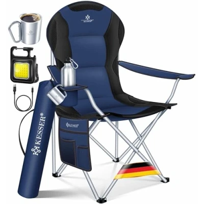 Abbildung von KESSER® Campingstuhl faltbar bis 150 kg Angelstuhl Faltstuhl Klappstuhl Gepolstert mit Armlehnen, Campinglicht und Getränkehalter + Tasche hoher Rückenlehne, Strandstuhl, Klapphocker, Navyblau