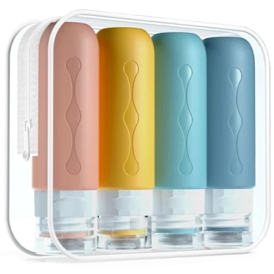 Abbildung von Gemice Silikon Reiseflaschen 90ml Set, 4 Stück auslaufsichere Reise Container und Toilettenartikel FDA zugelassene nachfüllbare Flüssigkeitsbehälter für Shampoo Creme Spülung Körperpflege