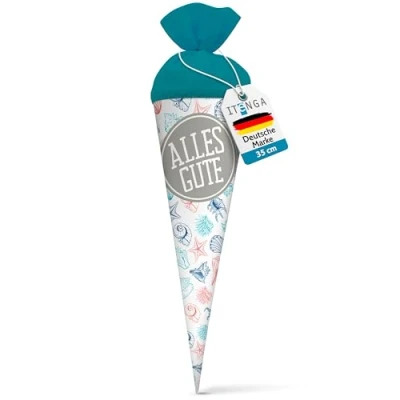Abbildung von itenga Geschwisterschultüte 35 cm Tiere Pflanzen Muster Geschenkverpackung Schultüte Zuckertüte Filzverschluss Kinder Erwachsene (Muscheln mit Text)