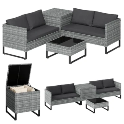 Abbildung von STEELSØN Polyrattan Sitzgruppe mit Aufbewahrungsbox Alniyat, Gartenmöbel Set 2X Gartenbank, 1x Tisch, Rattan Lounge für den Garten 4 Personen Grau