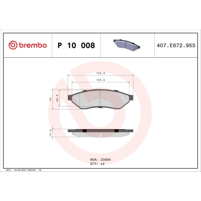 Abbildung von BREMBO P 10 008 Bremsbelagsatz exkl. Verschleißwarnkontakt ohne Zubehör CHEVROLET: Evanda Limousine, Epica DAEWOO: