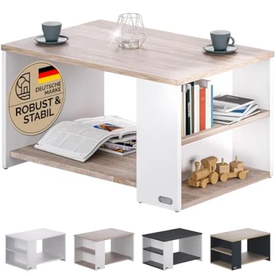 Abbildung von Casaria Couchtisch Santa Cruz, Holz Weiß Eiche mit Stauraum 90x59x48cm 2 Ablagen Eckig Matt Modern