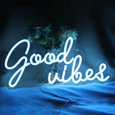 Abbildung von DAKABUKA Good Vibes Leuchtreklamen LED Nachtlichter für Wanddekoration Blau 5 V USB betrieben mit dimmbarem Schalter Schlafzimmer Party Restaurant Bar Pub Hotel Freizeitdekoration (16 * 7,5 &quot;)