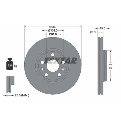 Abbildung von TEXTAR PRO 92257903 Bremsscheibe 280 26 05/07 108 außenbelüftet beschichtet ohne Radbefestigungsbolzen, Radnabe RENAULT: Kangoo II Be Bop
