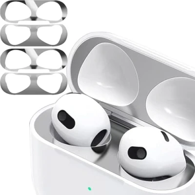 Abbildung von Staubschutz Sticker kompatibel mit AirPods 4（2024） Hülle, 2 Sätze Metallstaub Schutz Aufkleber, Ultraschlanke Folie, Überzug Staub schützen Drahtloser Ladekoffer (Silver + Silver)