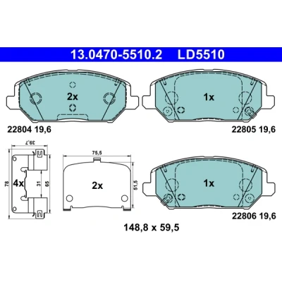 Abbildung von ATE 13.0470 5510.2 Bremsbelagsatz mit akustischer Verschleißwarnung Anti Quietsch Blech Zubehör HYUNDAI: i30 III Fastback, Schrägheck