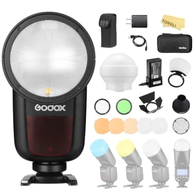 Abbildung von GODOX V1 S TTL Rundkopf Kamerablitz Kit,Rundblitz 2,4G 1/8000 HSS Speedlite 76W mit 2*VB26A Akku und AK R1 Zubehör,Aufsteckblitz kompatibel Sony DSLR Kamera