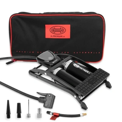 Abbildung von HEYNER® Luftpumpe Fußpumpe Doppelzylinder digitales Manometer + Tasche alle Ventile Auto Motorrad Fahrrad Ball tragbar