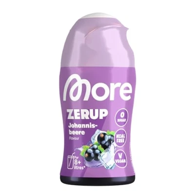 Abbildung von MORE Zerup, Johannisbeere, 65 ml, für bis zu 8 l Fertiggetränk, zuckerfreier Sirup mit echten Fruchtextrakten, vegan, zero Kalorien made in Germany
