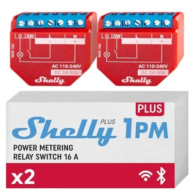 Abbildung von Shelly Plus 1PM WiFi &amp; Bluetooth Smart Relay Switch with Power Metering Home Automation Compatible Alexa Google iOS Android App No Hub Wireless Lighting Control (2 Pack)