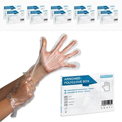 Abbildung von 1000 ARNOMED PE Einmalhandschuhe Einweg Damen (10 Boxen á 100 Stück), Handschuhe, Haushaltshandschuhe für Lebensmittel transparent, Schutzhandschuhe zum Haare färben, Dieselhandschuhe