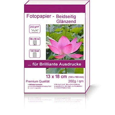 Abbildung von 100 Blatt 13x18cm 260g/m² Fotopapier beidseitig hochglänzend Hglossy wasserfest Photopapier high glossy photopaper photo paper beide Seiten glänzend 260g / m² 260g/qm 13x18 cm 13 x 18
