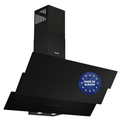 Abbildung von Wiggo B943G Dunstabzugshaube 90cm kopffrei I Abluft Umluft Dunstabzug 615m3/h Touch Display 4 Stufen Energieeffizienzklasse B Schräghaube inkl. 2x Kohlefilter Abzugshaube Glasfront schwarz