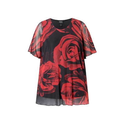 Abbildung von Ulla Popken Damen große Größen Übergrößen Plus Size Chiffonbluse, Rosen, Oversized, Rundhals, Halbarm schwarz 46+ 835881130