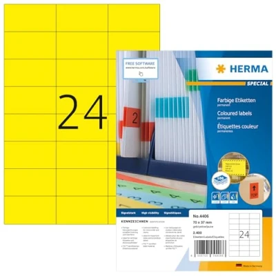 Abbildung von HERMA 4406 Farbige Etiketten gelb, 100 Blatt, 70 x 37 mm, 24 pro A4 Bogen, 2400 Stück, selbstklebend, bedruckbar, matt, blanko Papier Farbetiketten Aufkleber