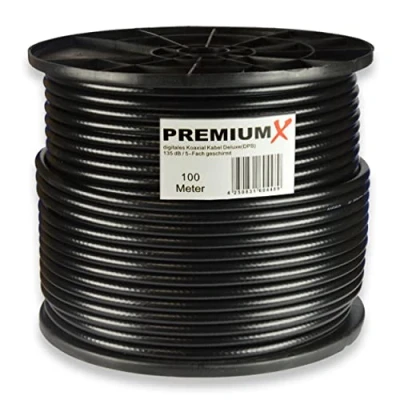 Abbildung von Premium X Deluxe PRO 100m Koaxial Kabel SCHWARZ 135 dB 5 Fach geschirmt reines Kupfer SAT Antennenkabel 100 m (0,52EUR/M)