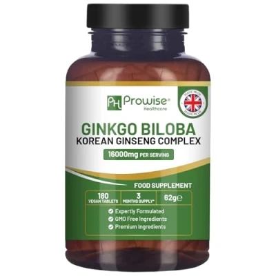 Abbildung von Ginkgo Biloba und Koreanischer Ginseng Tabletten 16000 mg 180 vegane Hergestellt in Großbritannien von Prowise Healthcare