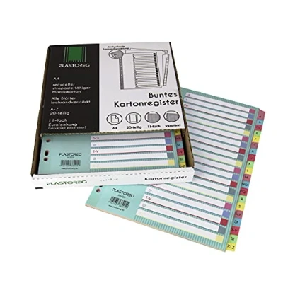 Abbildung von 6er Pack 20 teiliges DIN A4 Register/Trennblätter mit Buchstaben A Z, aus recyceltem Karton, in praktischer Spenderbox, verstärkte Lochung Deckblatt, Trenn Blätter 5 Farben