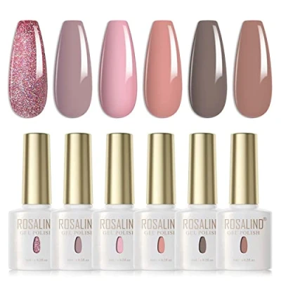 Abbildung von ROSALIND UV Nagellack Set 6 Farben Rosa Grau Brown Khaki Haferflocken Farbe Glitzer Gel Farbgel Für Gelnägel Soak Off Nail Polish Lampe Nagel 6ml