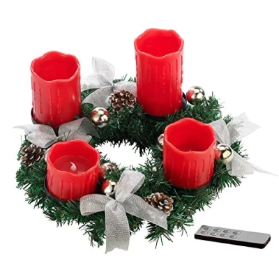 Abbildung von Britesta Adventskranz mit roten LED Kerzen, silbern geschmückt