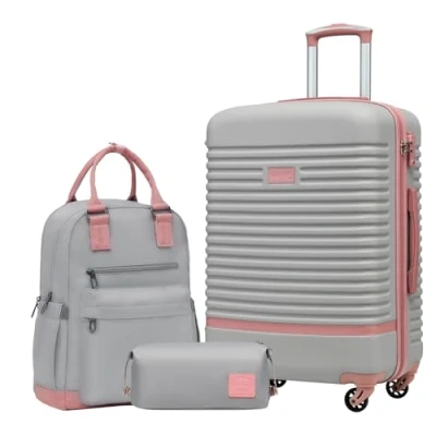 Abbildung von COOLIFE Koffer Trolley Reisekoffer von ABS Hartschalen 4 Rollen TSA Schloss Der Enthält 1 Reiserucksack und Kulturbeutel (Grau/Rosa, Mittlerer Set 3tlg)
